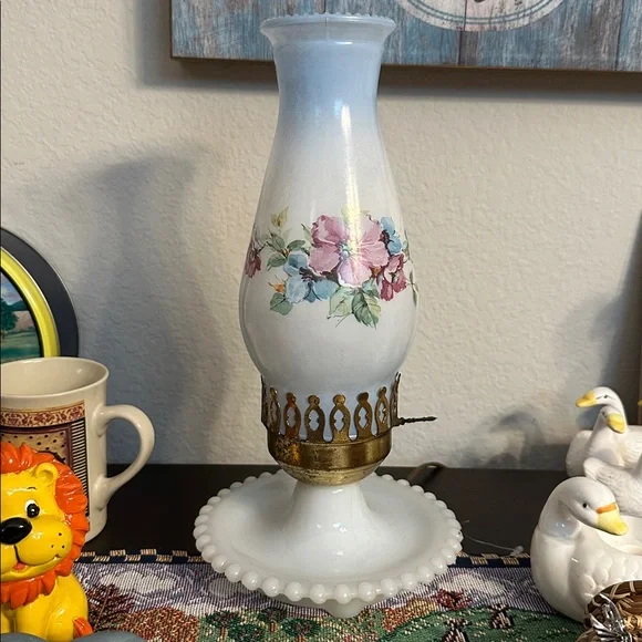 Blue Milk Glass Floral Lamp - Picture 1 of 2